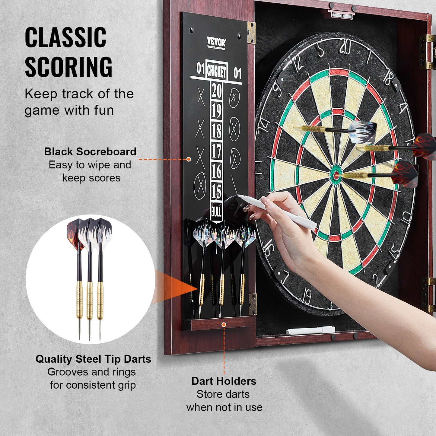 Dartboard and Cabinet Set, Ready-to-Play Bundle Official Size Dartboard Cabinet, Steel Tip Dart Hideaway Cabinet, Features Easy Assembly, Complete with All Accessories, Perfect for Cricket Games