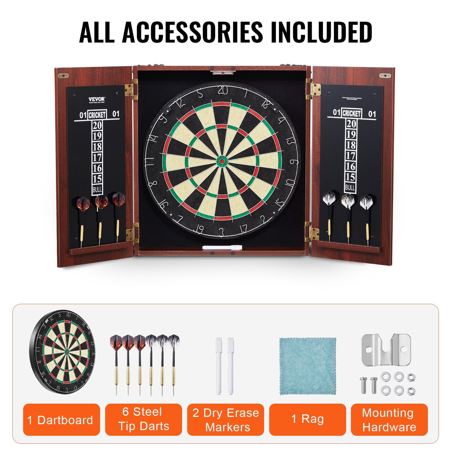 Dartboard and Cabinet Set, Ready-to-Play Bundle Official Size Dartboard Cabinet, Steel Tip Dart Hideaway Cabinet, Features Easy Assembly, Complete with All Accessories, Perfect for Cricket Games