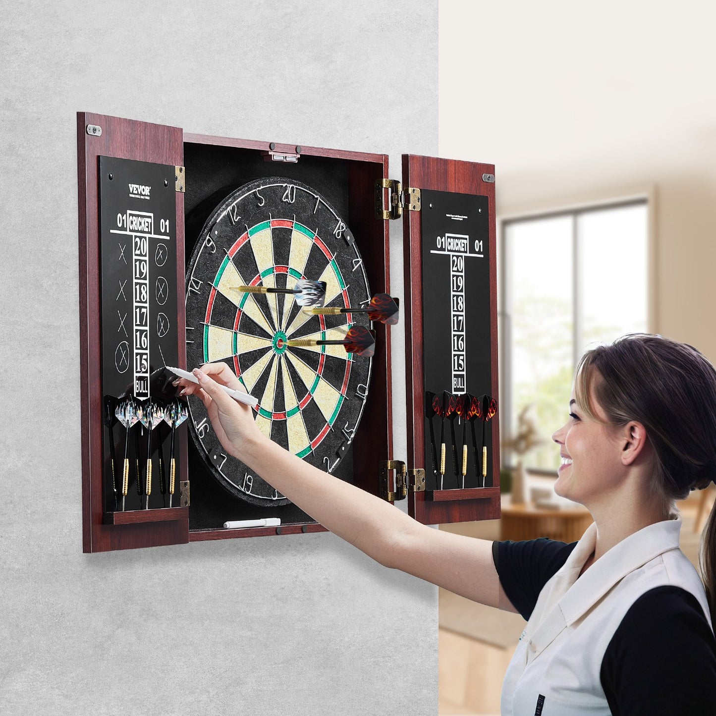 Dartboard and Cabinet Set, Ready-to-Play Bundle Official Size Dartboard Cabinet, Steel Tip Dart Hideaway Cabinet, Features Easy Assembly, Complete with All Accessories, Perfect for Cricket Games