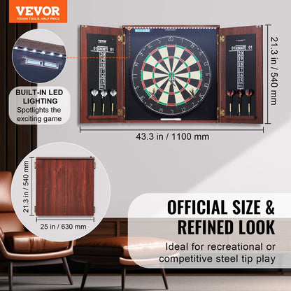 Dartboard Cabinet Set with LED Lights, Steel Tip Darts, 0.45m Diameter Board