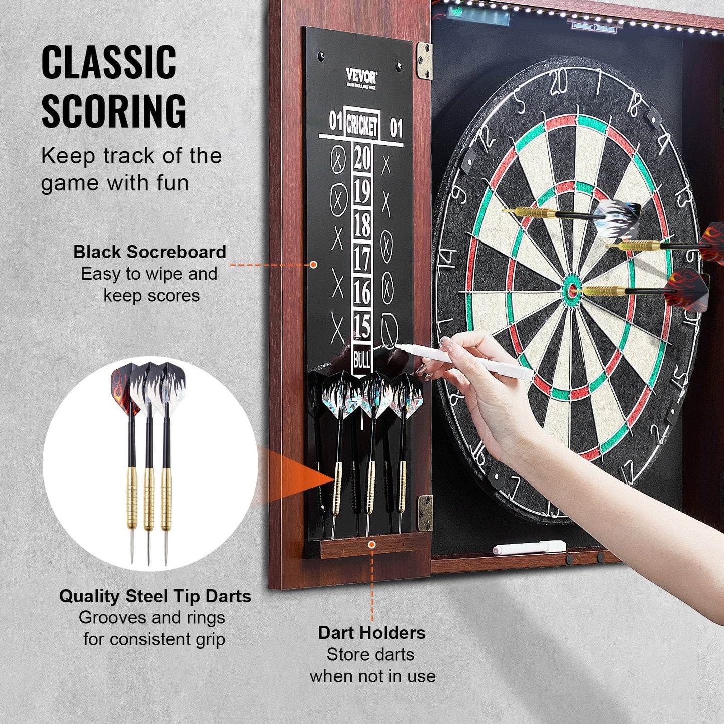 Dartboard Cabinet Set with LED Lights, Steel Tip Darts, 0.45m Diameter Board