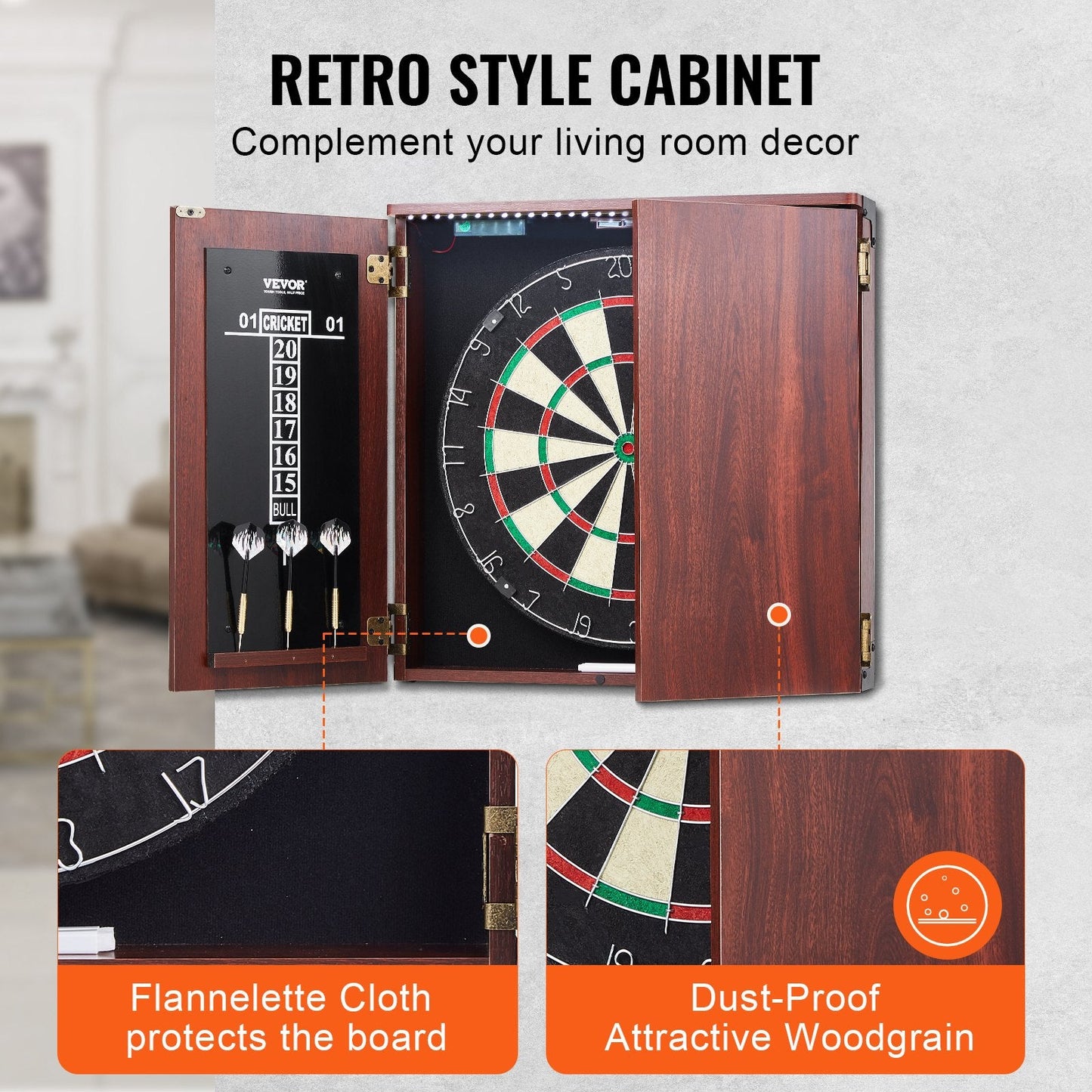 Dartboard Cabinet Set with LED Lights, Steel Tip Darts, 0.45m Diameter Board