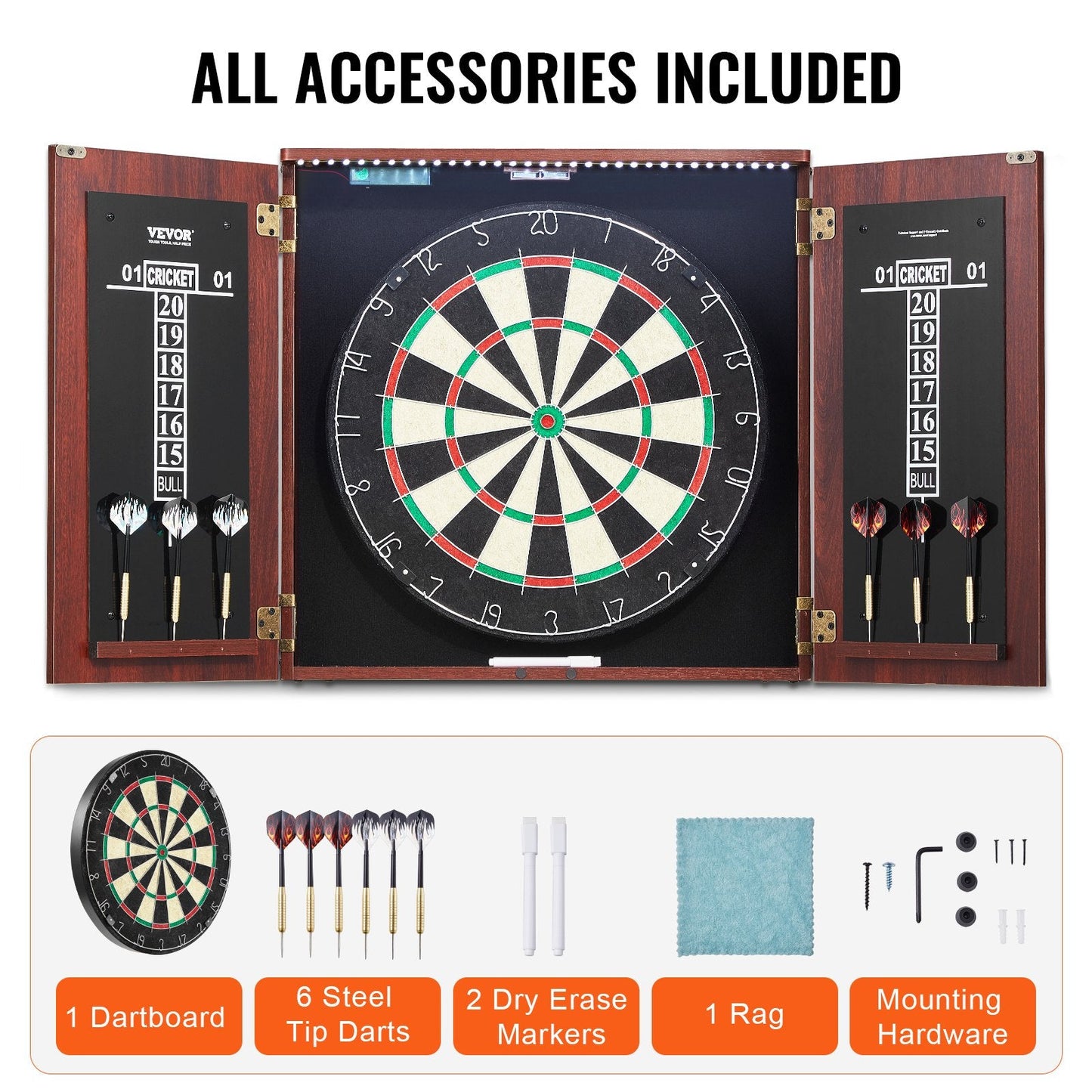 Dartboard Cabinet Set with LED Lights, Steel Tip Darts, 0.45m Diameter Board