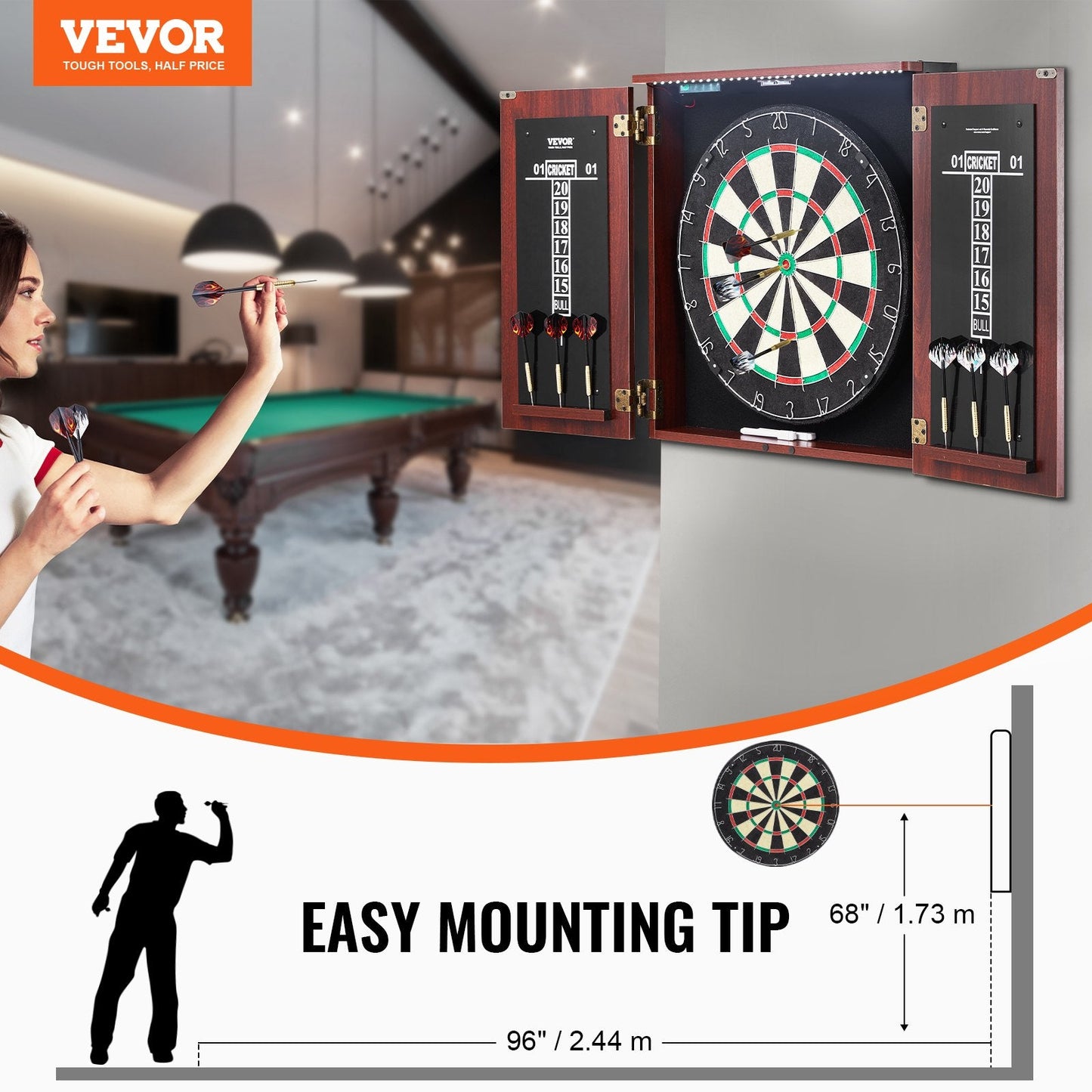 Dartboard Cabinet Set with LED Lights, Steel Tip Darts, 0.45m Diameter Board