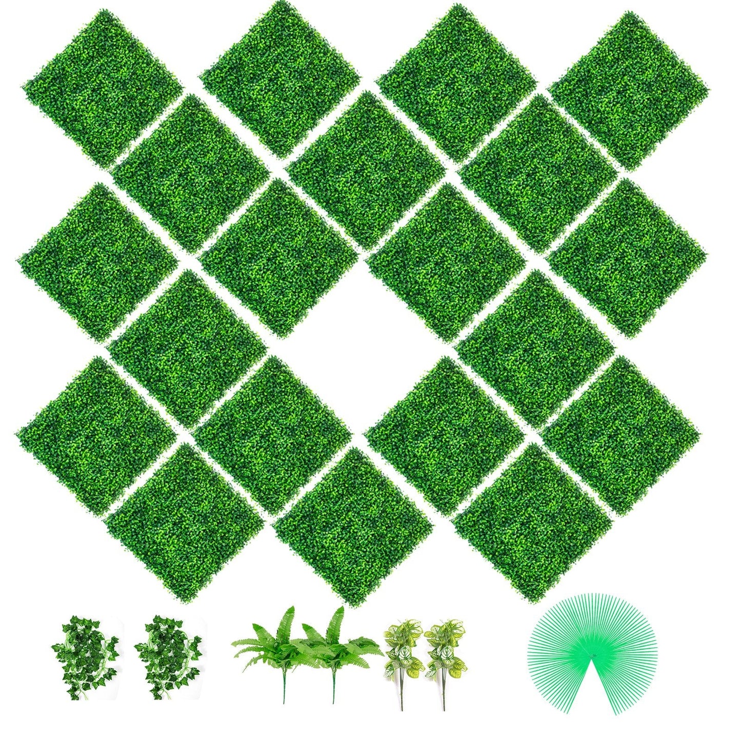 20-Pack Artificial Boxwood Hedge Panels, 0.5m x 0.5m, 4cm Thick, 11kg Total, PE