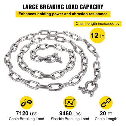 Marine Anchor Chain with Shackles, 6.1 m Stainless Steel, 3230 kg Break Load