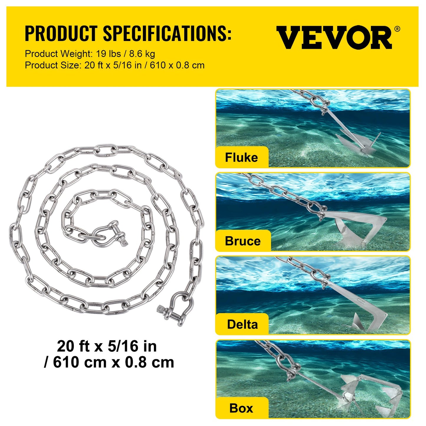 VEVOR Anchor Chain, 20\' x 5/16\" 316 Stainless Steel Chain, 3/8\" Anchor Chain