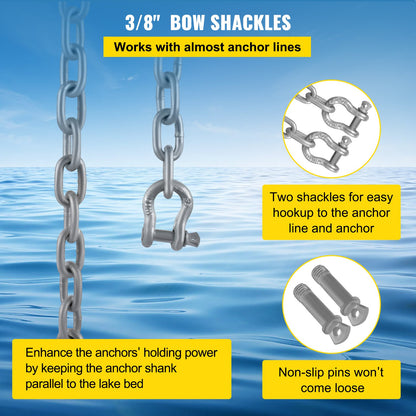 VEVOR Anchor Chain, 10\' x 5/16\" Galvanized Steel Chain, 3/8\" Anchor Chain Shackle,