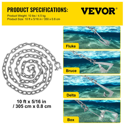 VEVOR Anchor Chain, 10\' x 5/16\" Galvanized Steel Chain, 3/8\" Anchor Chain Shackle,