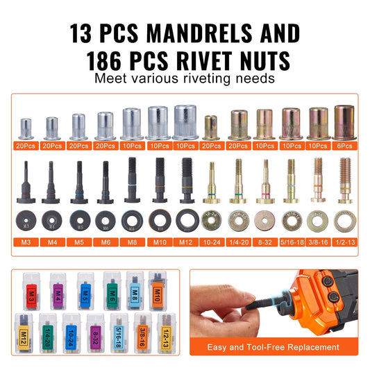 Professional Rivet Nut Tool Kit, 0.4m with 13 Mandrels and 186 Rivet Nuts