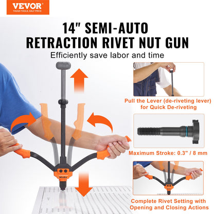 Rivet Nut Tool, 14 in Rivnut Tool Kit with 7 PCS Metric and SAE Mandrels, 70 PCS Assorted Rivet Nuts, 10-24, 1/4-20, M6, 5/16-18, M8, 3/8-16, M10, With Rugged Carrying Case, for DIY, Repairs