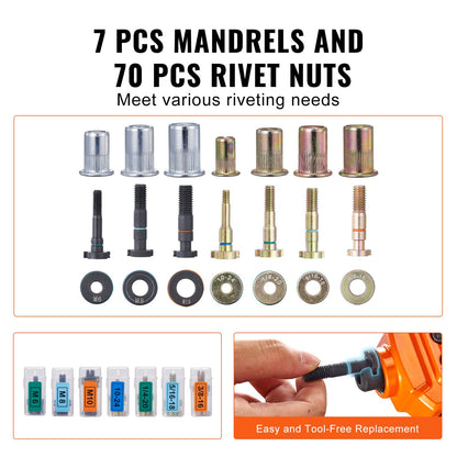 Rivet Nut Tool, 14 in Rivnut Tool Kit with 7 PCS Metric and SAE Mandrels, 70 PCS Assorted Rivet Nuts, 10-24, 1/4-20, M6, 5/16-18, M8, 3/8-16, M10, With Rugged Carrying Case, for DIY, Repairs
