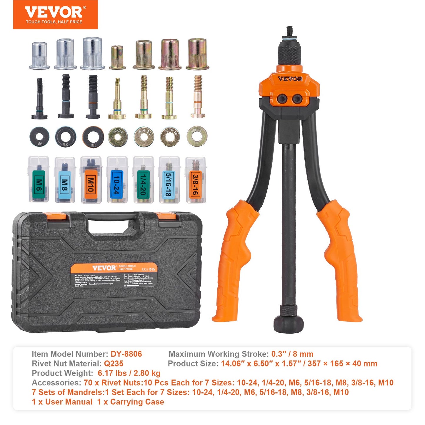 Rivet Nut Tool, 14 in Rivnut Tool Kit with 7 PCS Metric and SAE Mandrels, 70 PCS Assorted Rivet Nuts, 10-24, 1/4-20, M6, 5/16-18, M8, 3/8-16, M10, With Rugged Carrying Case, for DIY, Repairs
