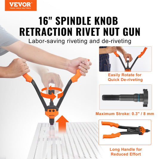 VEVOR Rivet Nut Tool, 16” Rivnut Tool Kit with 13PCS Metric and SAE Mandrels, 186PCS