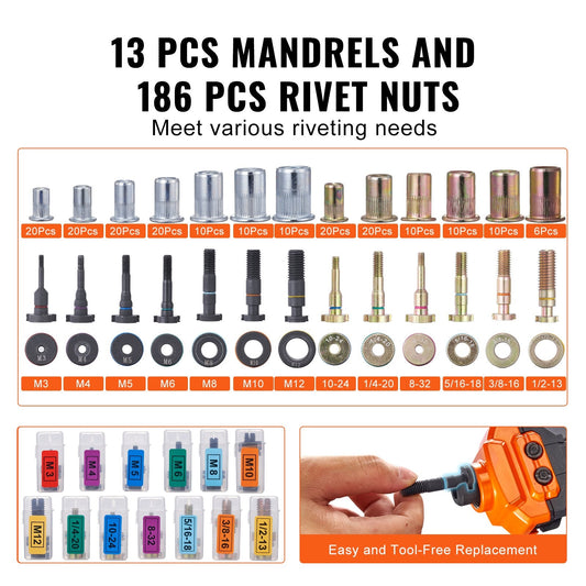 Professional 0.4m Rivet Nut Tool Kit with 13 Mandrels & 186 Nut Pieces
