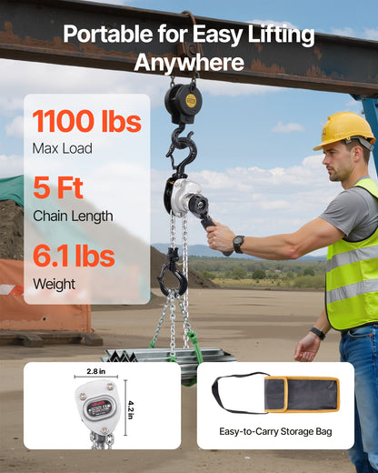 Manual Lever Chain Hoist, 1/2T 500KG Capacity Heavy Duty Come Along, 1.5M Lift G80 Alloy Steel Chain With Dual Pawl Mechanical Brake, 360° Rotating Hooks, for Warehouse Construction Garage