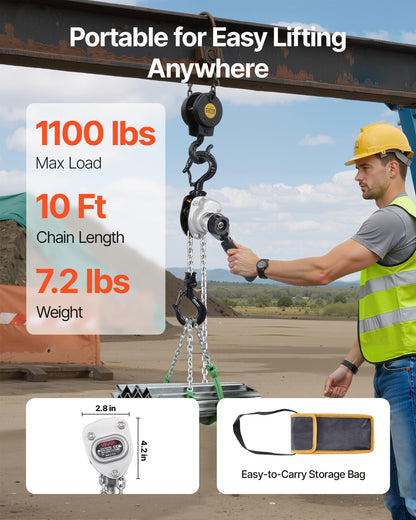 Manual Lever Chain Hoist, 1/2T 500KG Capacity Heavy Duty Come Along, 3M Lift G80 Alloy Steel Chain With Dual Pawl Mechanical Brake, 360° Rotating Hooks, for Warehouse Construction Garage