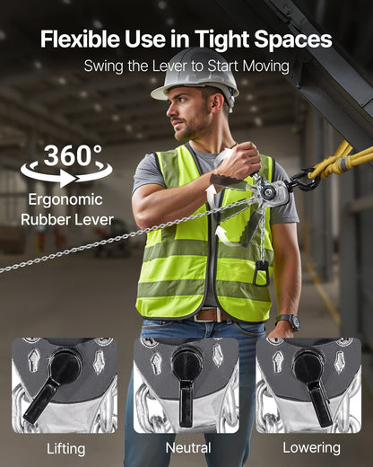 Manual Lever Chain Hoist, 1/2T 500KG Capacity Heavy Duty Come Along, 3M Lift G80 Alloy Steel Chain With Dual Pawl Mechanical Brake, 360° Rotating Hooks, for Warehouse Construction Garage