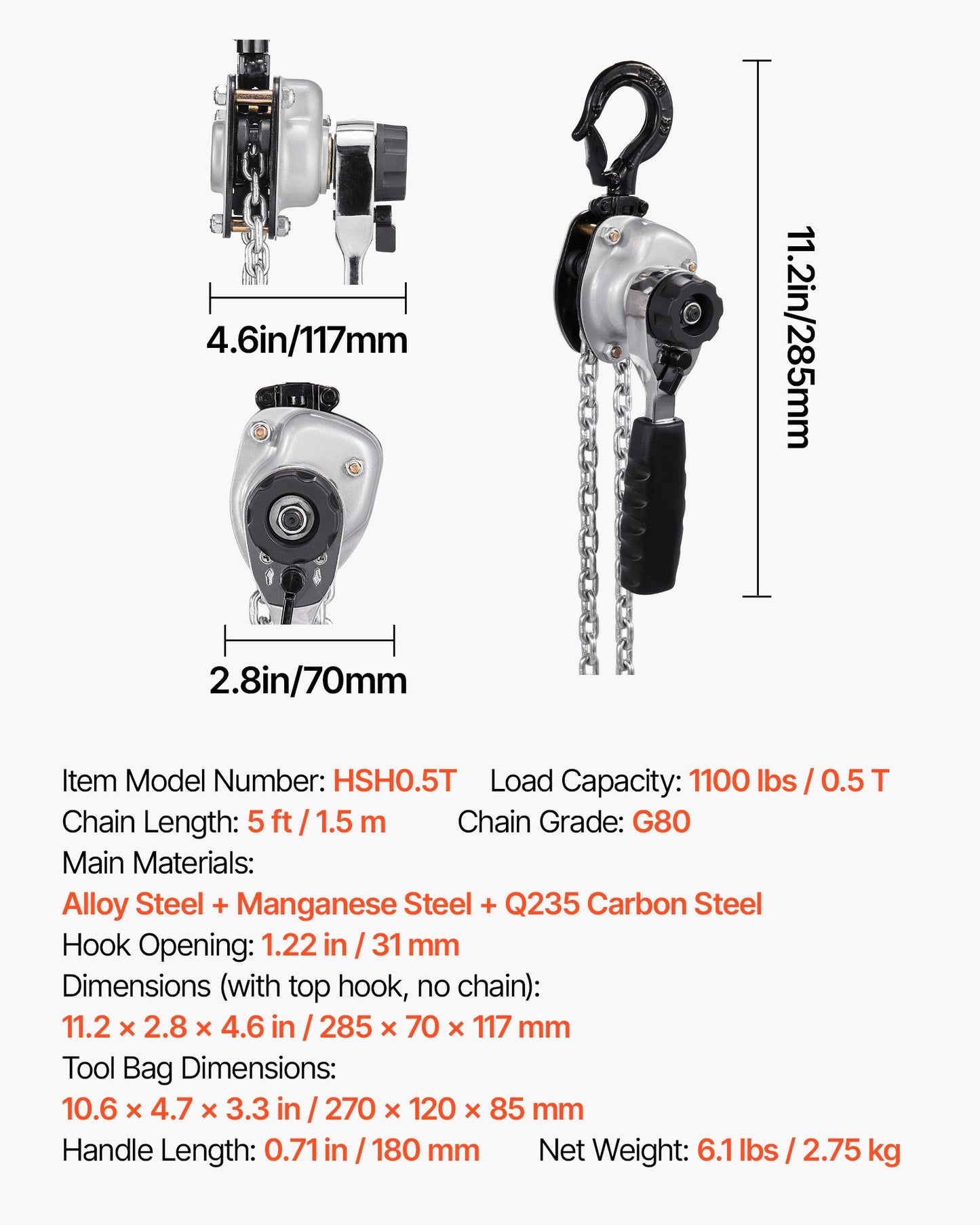 Manual Lever Chain Hoist, 1/2T 500KG Capacity Heavy Duty Come Along, 3M Lift G80 Alloy Steel Chain With Dual Pawl Mechanical Brake, 360° Rotating Hooks, for Warehouse Construction Garage
