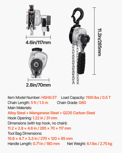 Manual Lever Chain Hoist, 1/2T 500KG Capacity Heavy Duty Come Along, 3M Lift G80 Alloy Steel Chain With Dual Pawl Mechanical Brake, 360° Rotating Hooks, for Warehouse Construction Garage