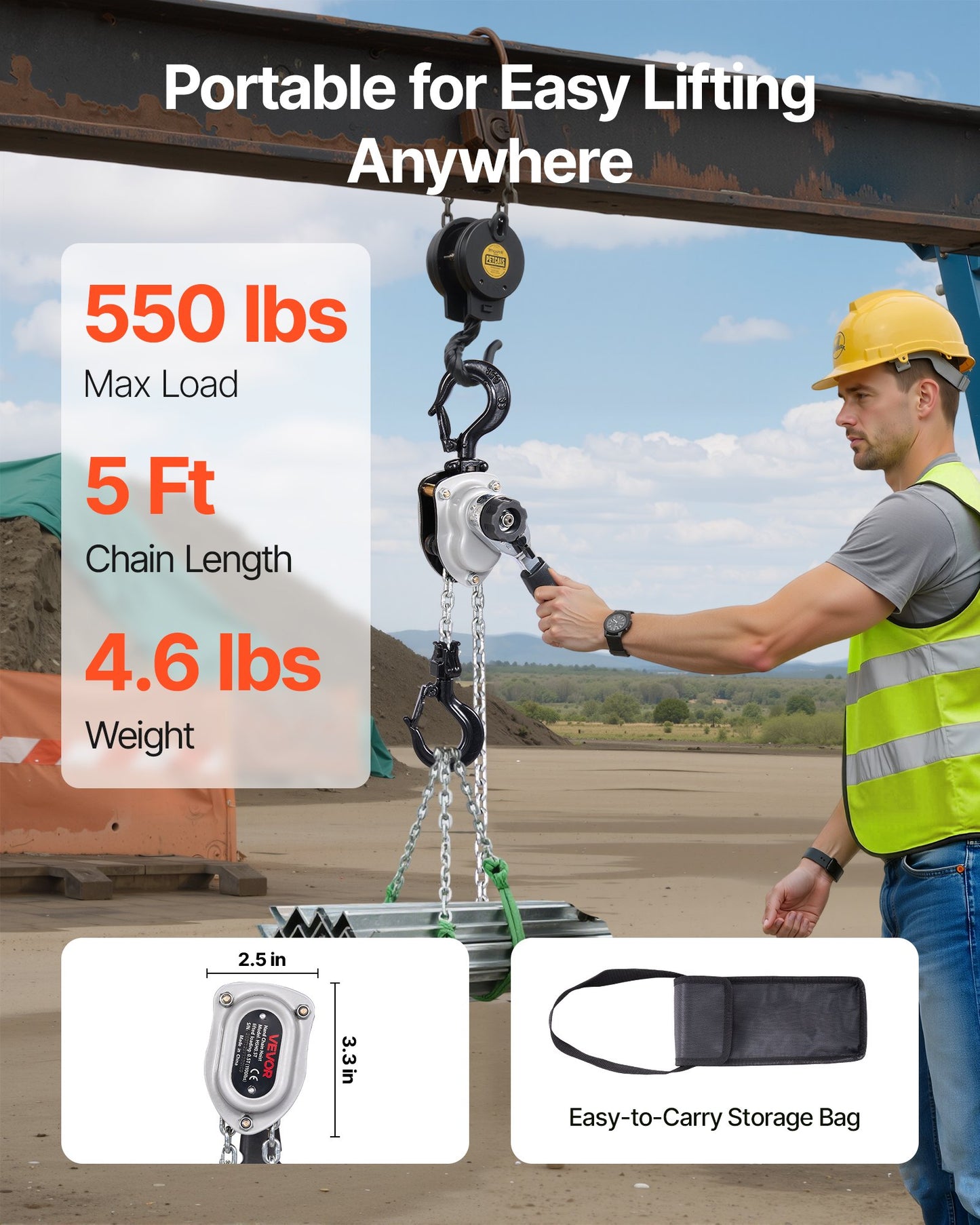 Manual Lever Chain Hoist, 1/4T 250KG Capacity Heavy Duty Come Along, 1.5M Lift G80 Alloy Steel Chain With Dual Pawl Mechanical Brake, 360° Rotating Hooks, for Warehouse Construction Garage