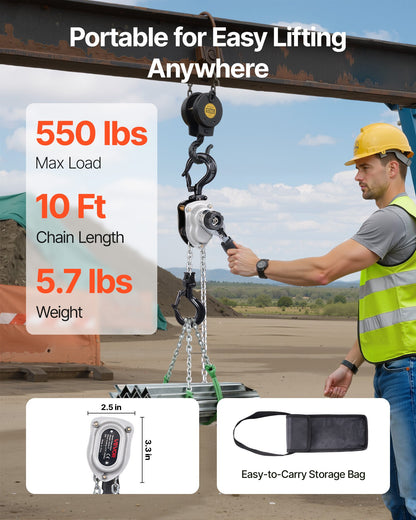 Manual Lever Chain Hoist, 1/4T 250KG Capacity Heavy Duty Come Along, 3M Lift G80 Alloy Steel Chain With Dual Pawl Mechanical Brake, 360° Rotating Hooks, for Warehouse Construction Garage