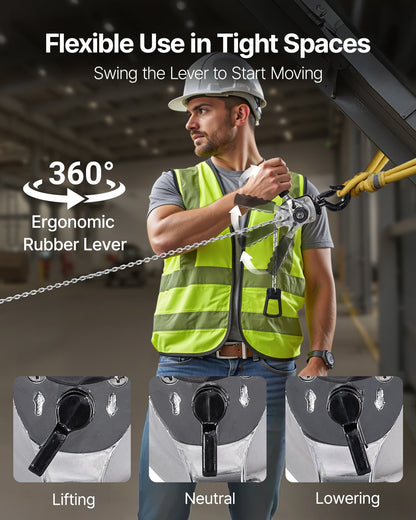 Manual Lever Chain Hoist, 1/4T 250KG Capacity Heavy Duty Come Along, 3M Lift G80 Alloy Steel Chain With Dual Pawl Mechanical Brake, 360° Rotating Hooks, for Warehouse Construction Garage