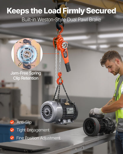 Manual Lever Chain Hoist, 3/4T 750KG Capacity Heavy Duty Come Along, 3M Lift G80 Alloy Steel Chain With Dual Pawl Mechanical Brake, 360° Rotating Hooks, for Warehouse Construction Garage