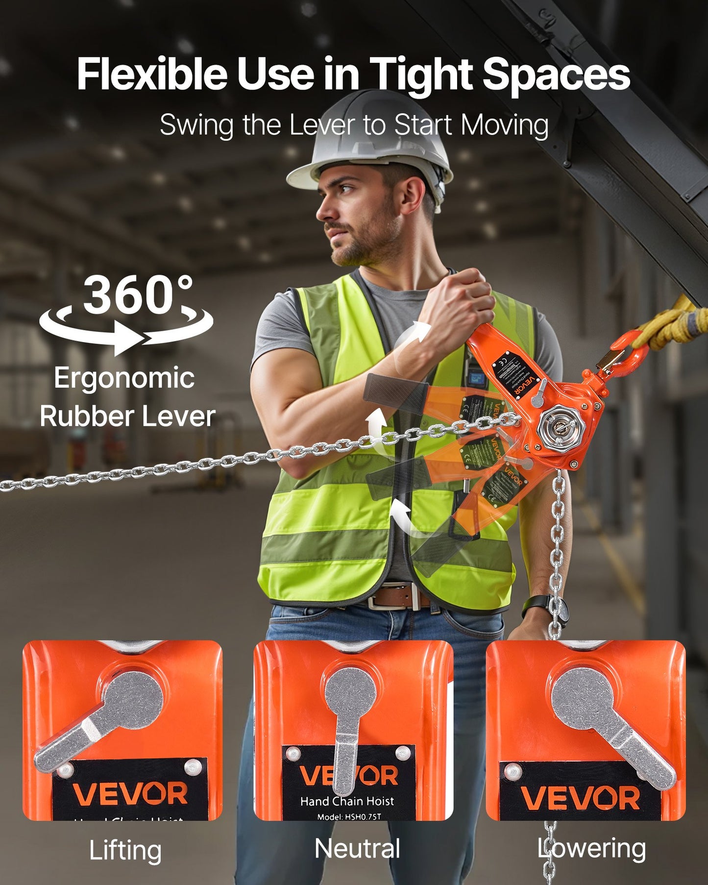 Manual Lever Chain Hoist, 3/4T 750KG Capacity Heavy Duty Come Along, 3M Lift G80 Alloy Steel Chain With Dual Pawl Mechanical Brake, 360° Rotating Hooks, for Warehouse Construction Garage