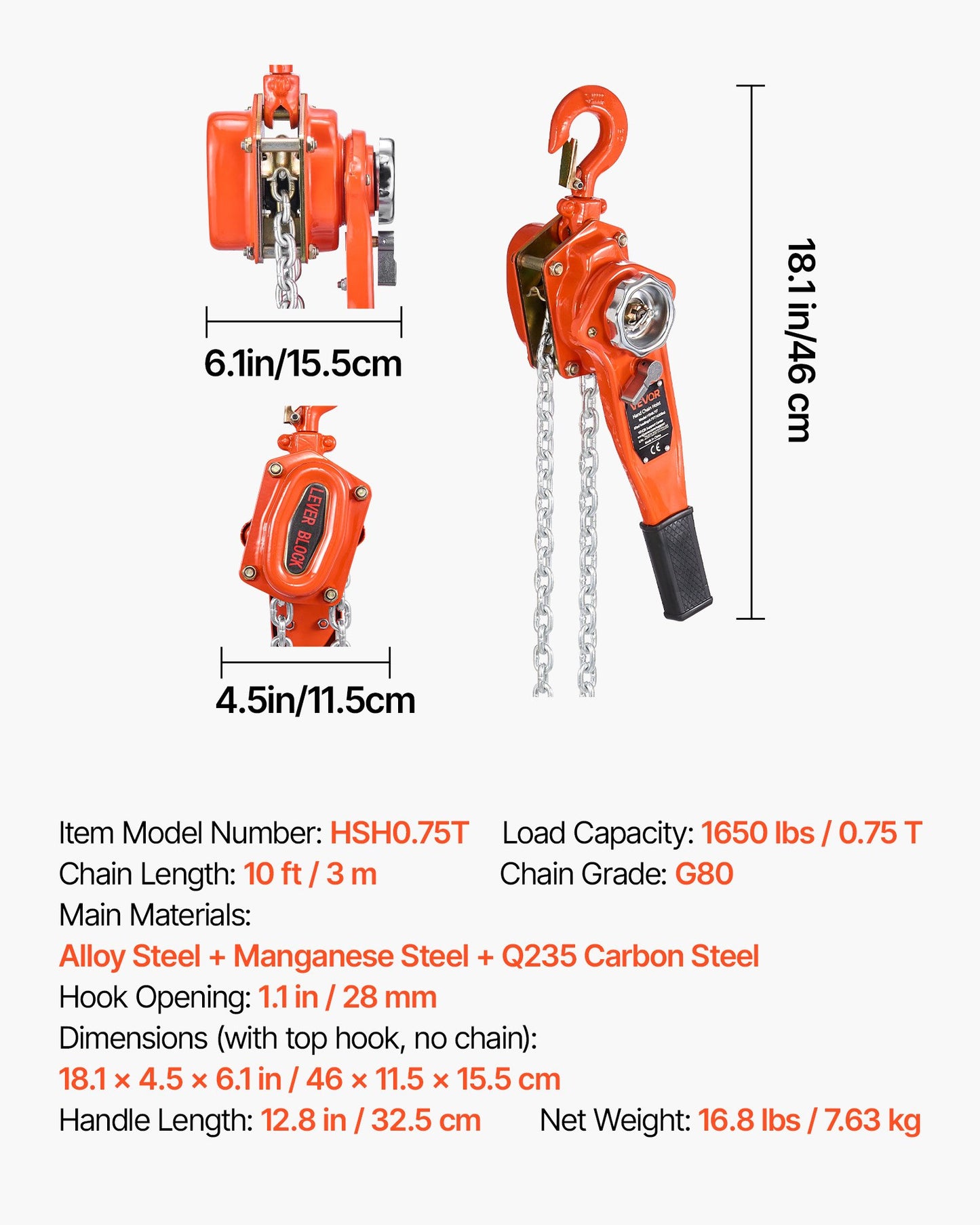 Manual Lever Chain Hoist, 3/4T 750KG Capacity Heavy Duty Come Along, 3M Lift G80 Alloy Steel Chain With Dual Pawl Mechanical Brake, 360° Rotating Hooks, for Warehouse Construction Garage