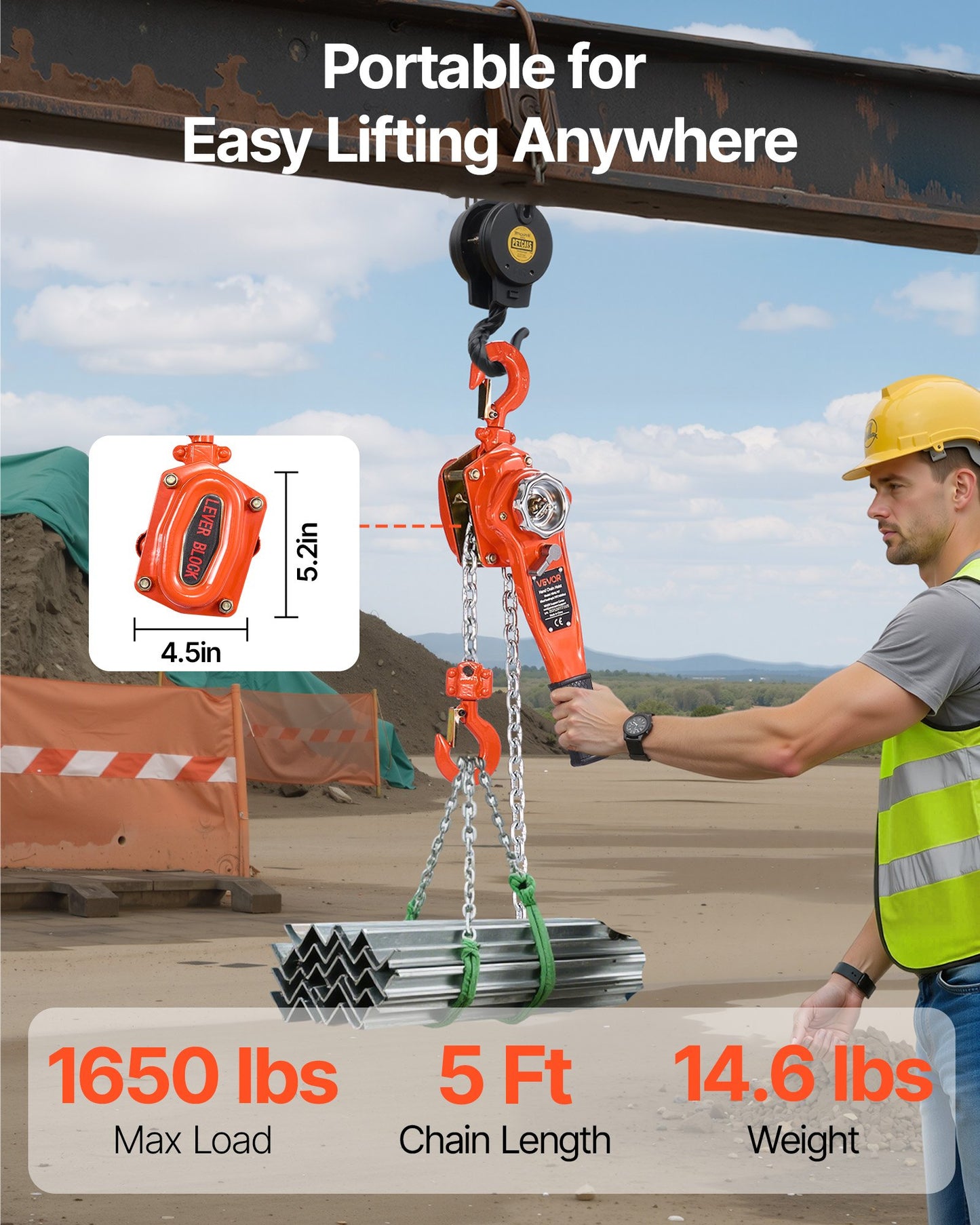Manual Lever Chain Hoist, 3/4T 750KG Capacity Heavy Duty Come Along, 1.5M Lift G80 Alloy Steel Chain With Dual Pawl Mechanical Brake, 360° Rotating Hooks, for Warehouse Construction Garage