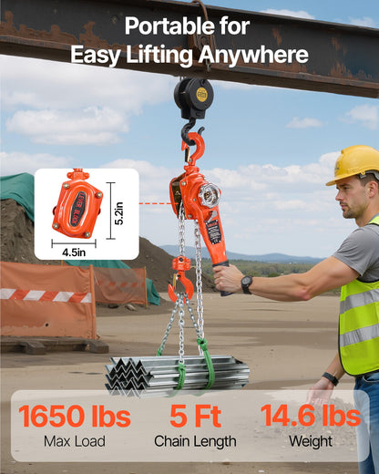 Manual Lever Chain Hoist, 3/4T 750KG Capacity Heavy Duty Come Along, 1.5M Lift G80 Alloy Steel Chain With Dual Pawl Mechanical Brake, 360° Rotating Hooks, for Warehouse Construction Garage