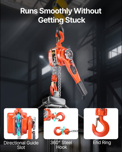 Manual Lever Chain Hoist, 3/4T 750KG Capacity Heavy Duty Come Along, 1.5M Lift G80 Alloy Steel Chain With Dual Pawl Mechanical Brake, 360° Rotating Hooks, for Warehouse Construction Garage