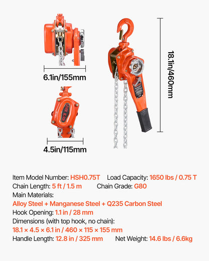 Manual Lever Chain Hoist, 3/4T 750KG Capacity Heavy Duty Come Along, 1.5M Lift G80 Alloy Steel Chain With Dual Pawl Mechanical Brake, 360° Rotating Hooks, for Warehouse Construction Garage