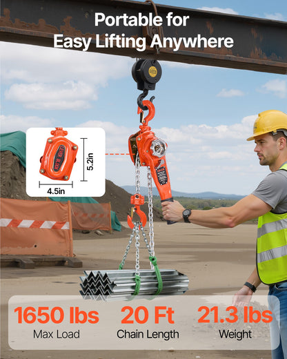 Manual Lever Chain Hoist, 3/4T 750KG Capacity Heavy Duty Come Along, 6M Lift G80 Alloy Steel Chain With Dual Pawl Mechanical Brake, 360° Rotating Hooks, for Warehouse Construction Garage