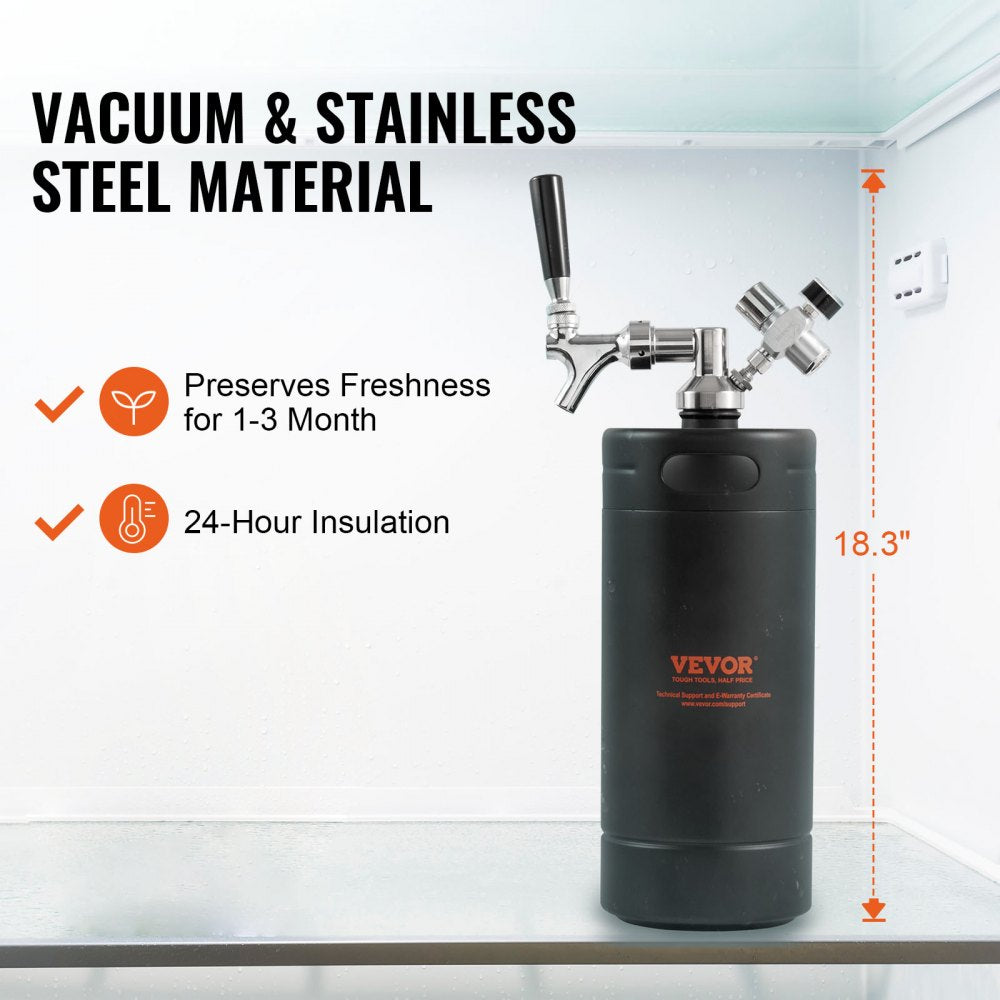VEVOR Beer Growler Tap System, 4L Mini Keg, 304 Stainless Steel Pressurized Beer Growler, Keg Growler with Pressure Display, CO2 Regulator Faucet, Leak-Proof Ring For Draft, Homebrew, Craft Beer