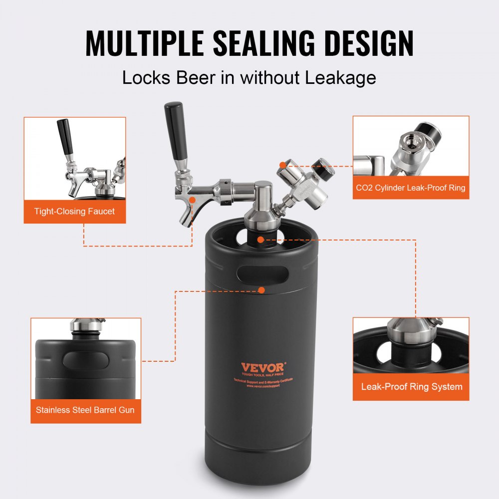 VEVOR Beer Growler Tap System, 4L Mini Keg, 304 Stainless Steel Pressurized Beer Growler, Keg Growler with Pressure Display, CO2 Regulator Faucet, Leak-Proof Ring For Draft, Homebrew, Craft Beer
