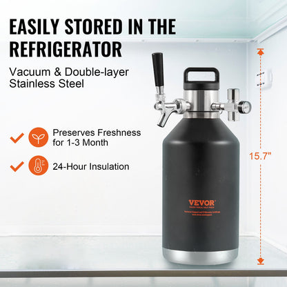 VEVOR Beer Growler Tap System, 4L Mini Keg, 304 Stainless Steel Pressurized Beer