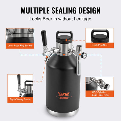 VEVOR Beer Growler Tap System, 4L Mini Keg, 304 Stainless Steel Pressurized Beer