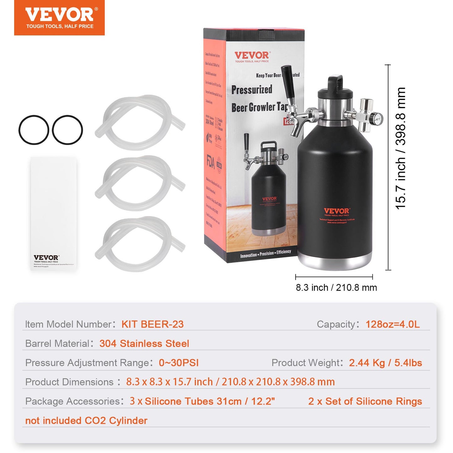VEVOR Beer Growler Tap System, 4L Mini Keg, 304 Stainless Steel Pressurized Beer