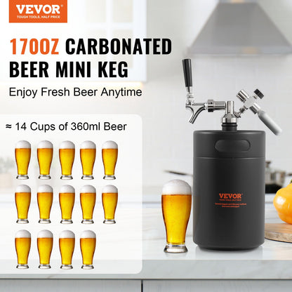 VEVOR Beer Growler Tap System, 5L Mini Keg, 304 Stainless Steel Pressurized Beer