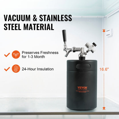 VEVOR Beer Growler Tap System, 5L Mini Keg, 304 Stainless Steel Pressurized Beer
