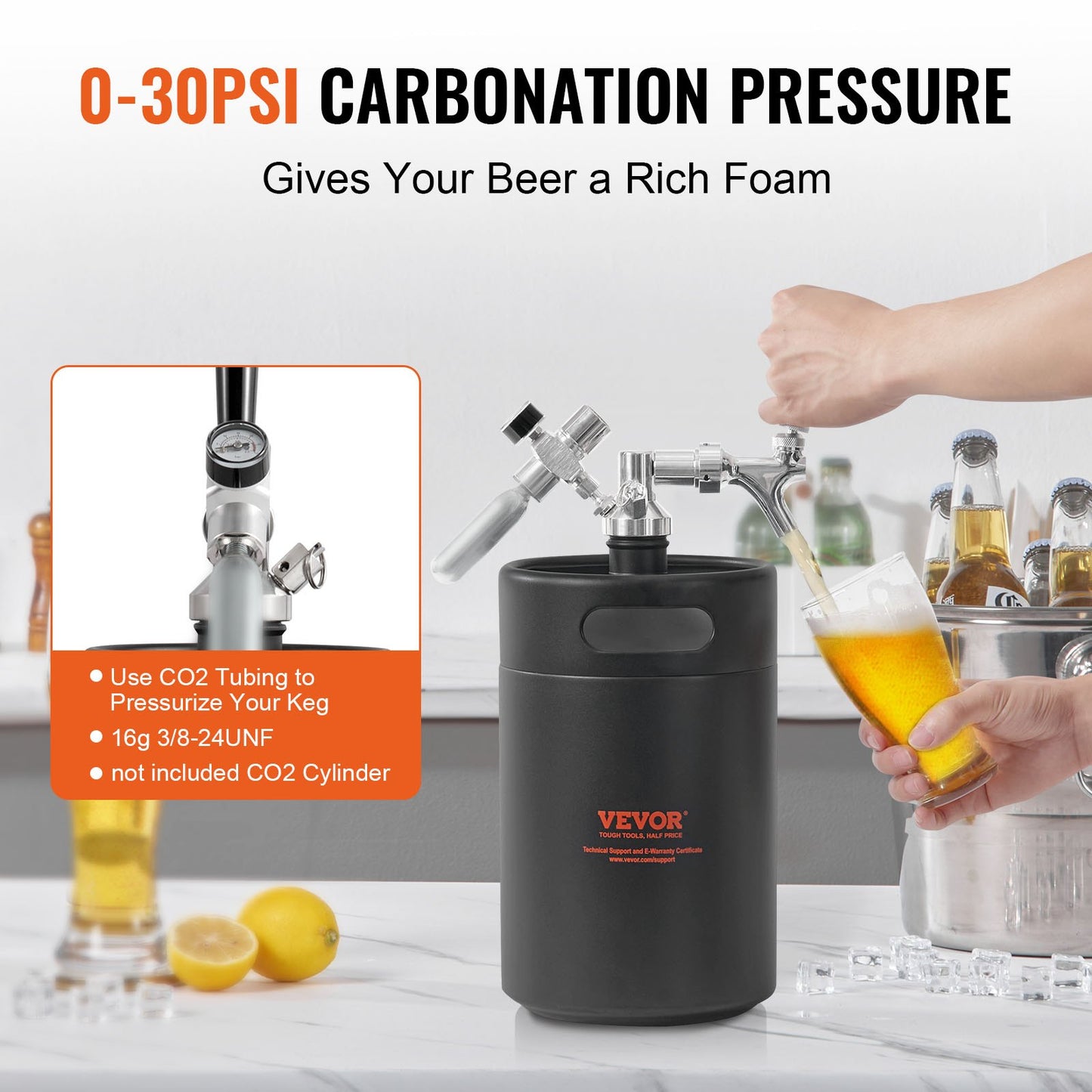 VEVOR Beer Growler Tap System, 5L Mini Keg, 304 Stainless Steel Pressurized Beer