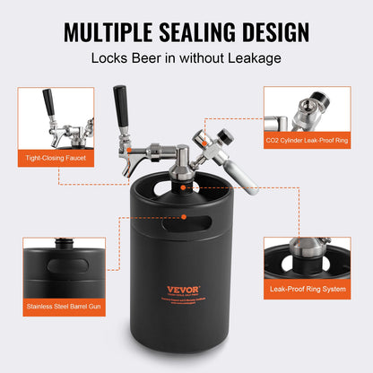 VEVOR Beer Growler Tap System, 5L Mini Keg, 304 Stainless Steel Pressurized Beer