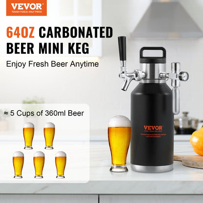 VEVOR Beer Growler Tap System, 64Oz 1.89L Mini Keg, 304 Stainless Steel Pressurized