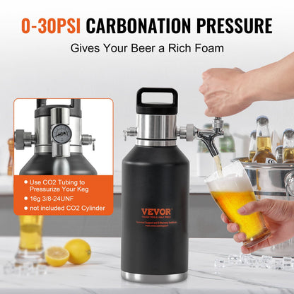 VEVOR Beer Growler Tap System, 64Oz 1.89L Mini Keg, 304 Stainless Steel Pressurized
