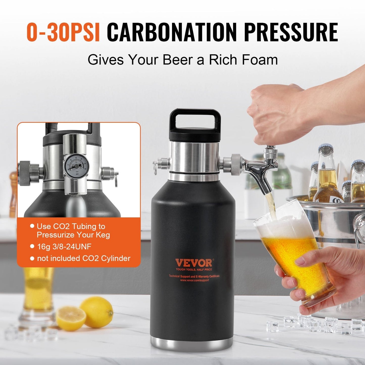 Mini Keg Beer Dispenser, 1.89L Stainless Steel Growler with CO2 Regulator