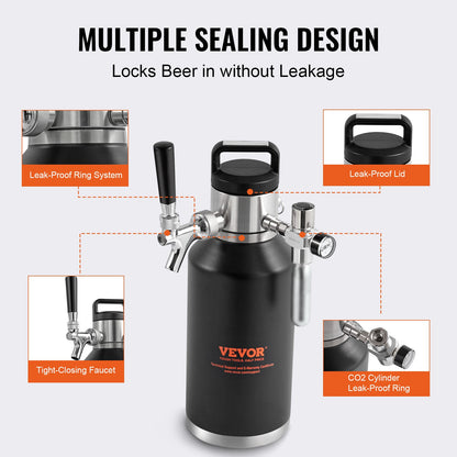 VEVOR Beer Growler Tap System, 64Oz 1.89L Mini Keg, 304 Stainless Steel Pressurized