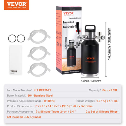 VEVOR Beer Growler Tap System, 64Oz 1.89L Mini Keg, 304 Stainless Steel Pressurized