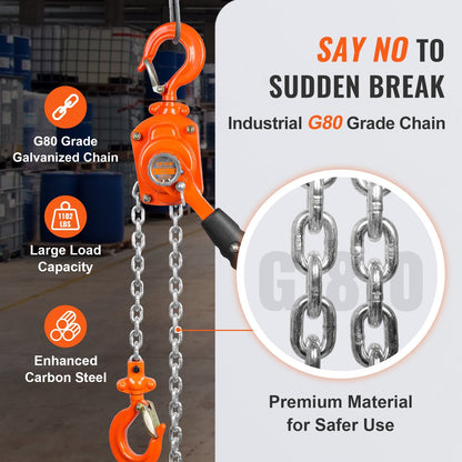Manual Lever Chain Hoist, 0.5 Ton Capacity, 2.8m Lift, 360° Rotating Hook